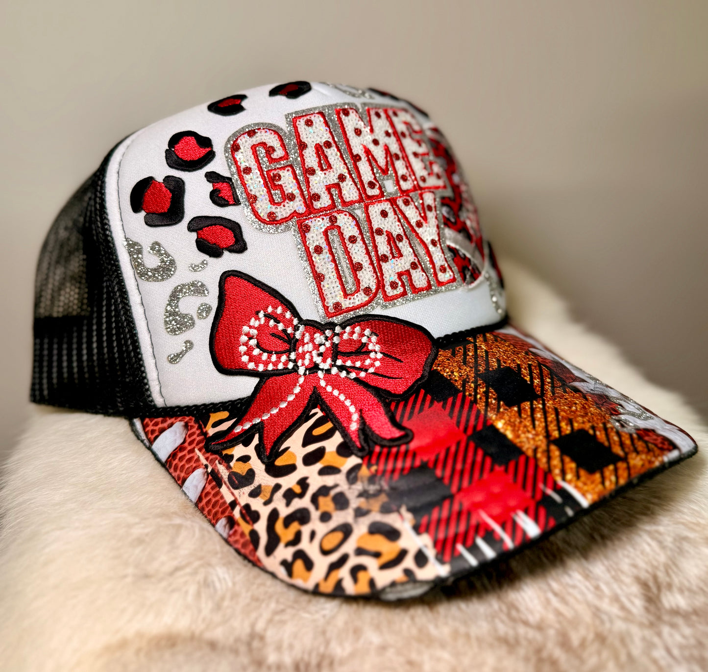Football Game Day Trucker Hat | Red & Black Bling Football Hat | Handmade Tailgate Hat | Game Day Fan Cap