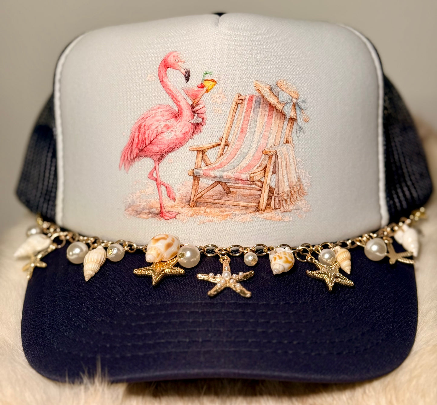 Custom Coastal Flamingo Trucker Hat | Boutique Beach Chair Hat with Shell Charm Chain | One-of-a-Kind Summer Snapback