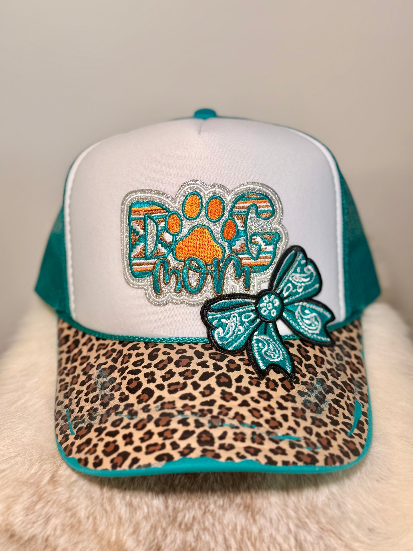Dog Mom Trucker Hat | Leopard Print Dog Lover Hat | Teal Boutique Snapback with Bow