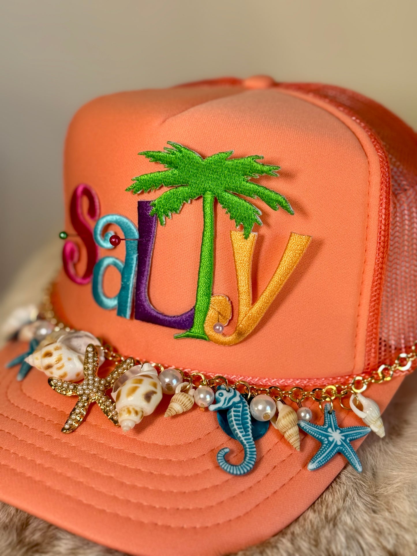 Salty Coastal Trucker Hat | Orange Beach Glam Hat | Shell Embellished Summer Snapback