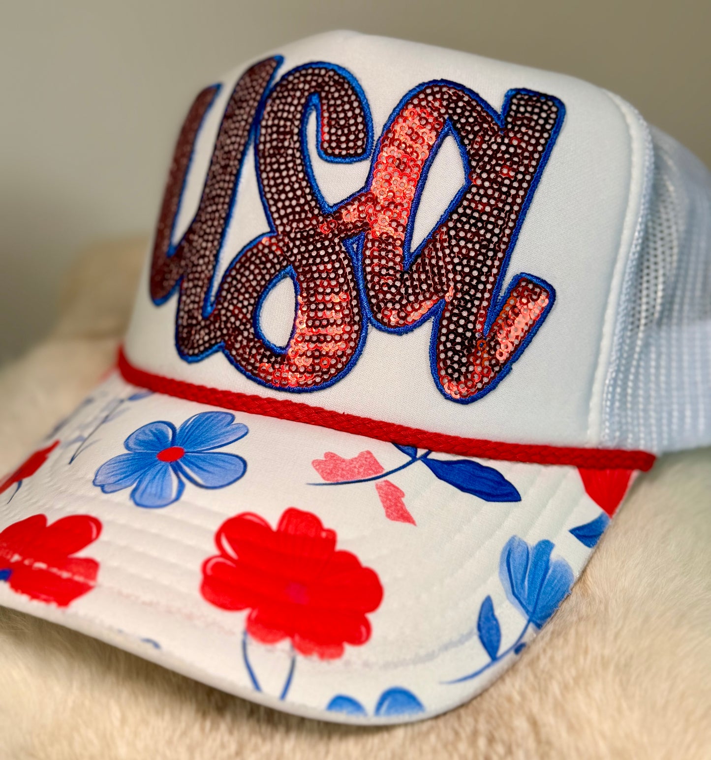 USA Rhinestone Trucker Hat | Patriotic Floral Brim Hat | Red White Blue Boutique Snapback | Fourth of July Glam Hat