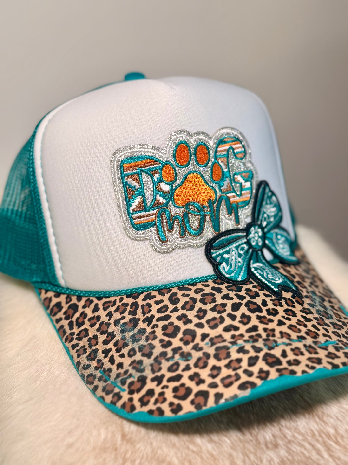 Dog Mom Trucker Hat | Leopard Print Dog Lover Hat | Teal Boutique Snapback with Bow