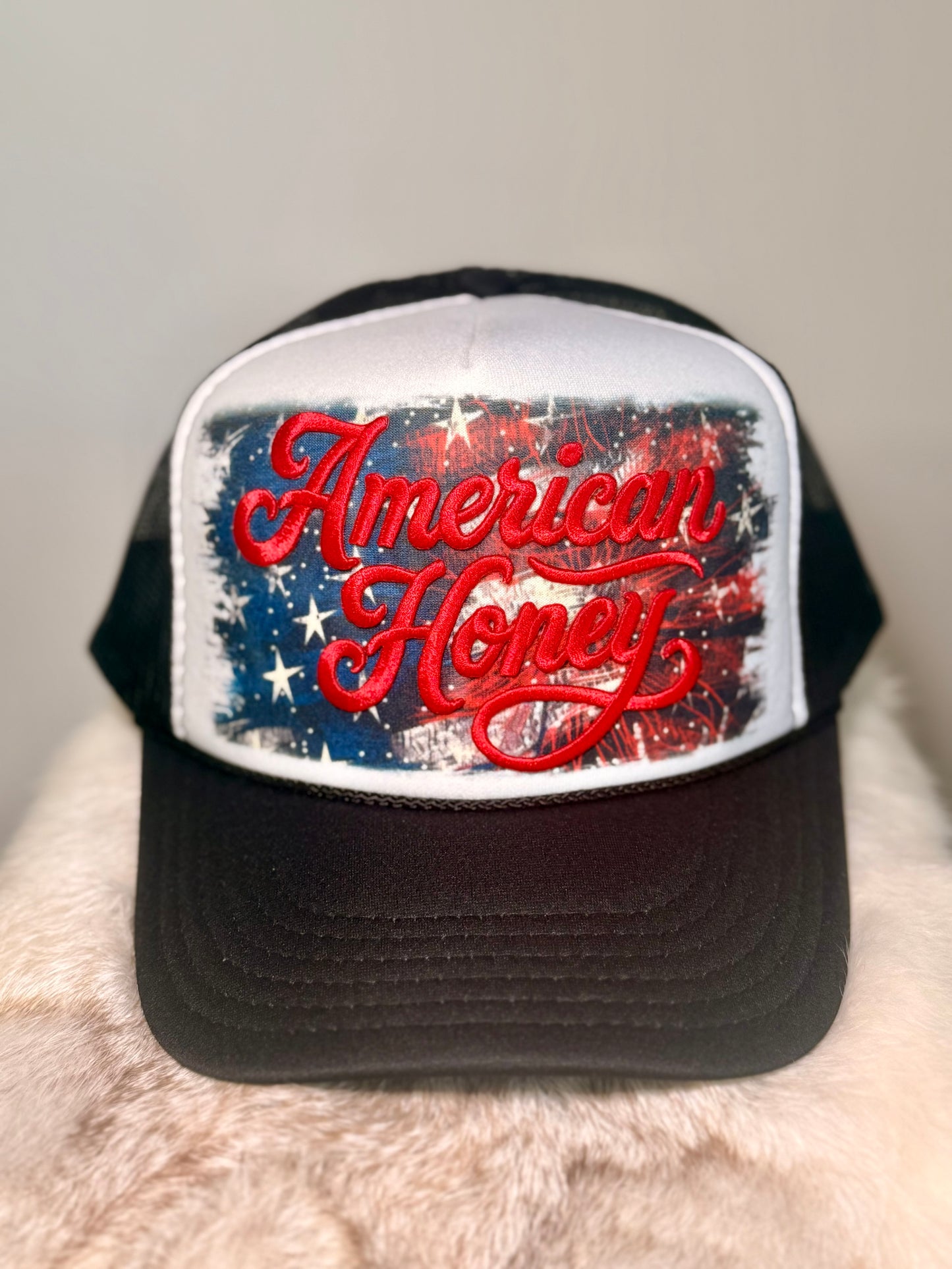 American Honey Trucker Hat | Patriotic Women’s Hat | Embroidered USA Fourth of July Hat | Red White Blue Country Hat