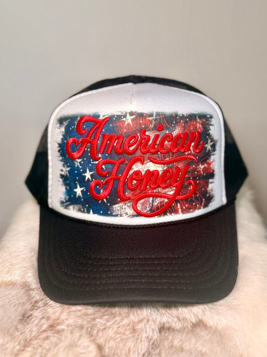 American Honey Trucker Hat | Patriotic Women’s Hat | Embroidered USA Fourth of July Hat | Red White Blue Country Hat