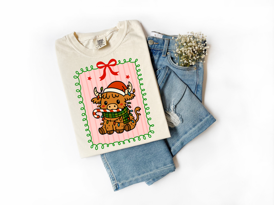 Christmas Highland Cow Candy Cane Comfort Colors Tee