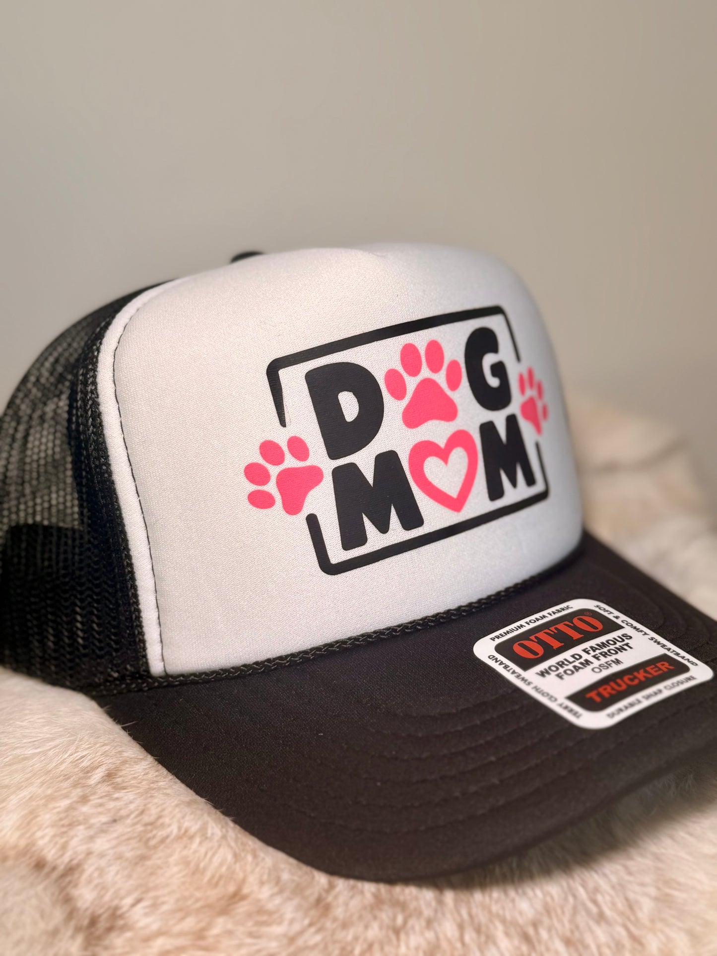 Dog Mom Trucker Hat | Pink Paw Print Dog Lover Hat | Cute Dog Mom Snapback Cap
