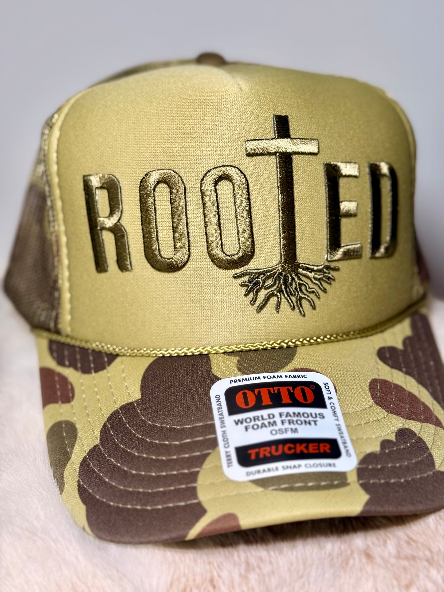 Rooted Trucker Hat – Faith Based Hat, Christian Hat, Camo Brim Hat, Religious Trucker Hat