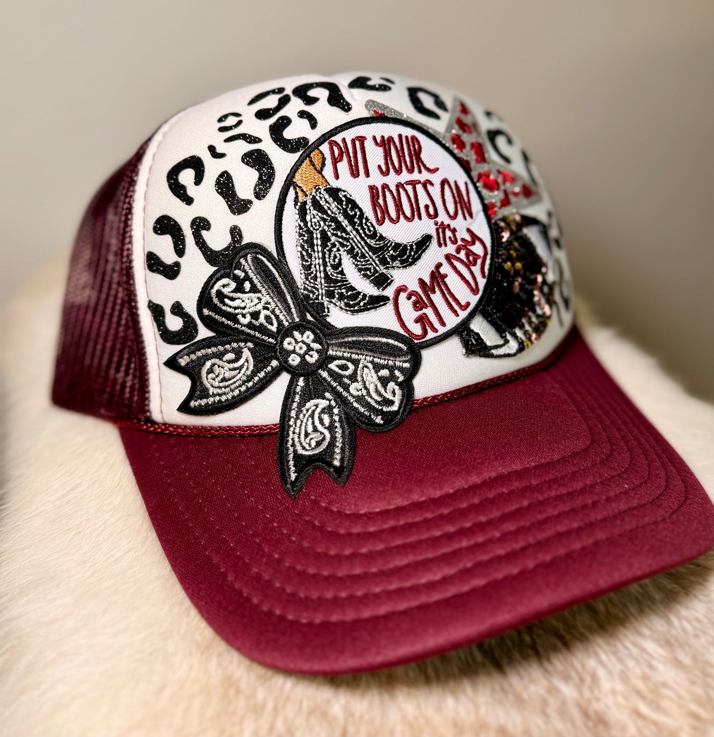 Western Football Game Day Trucker Hat | Cowboy Boots Game Day Hat | Burgundy Football Hat | Handmade Tailgate Cap