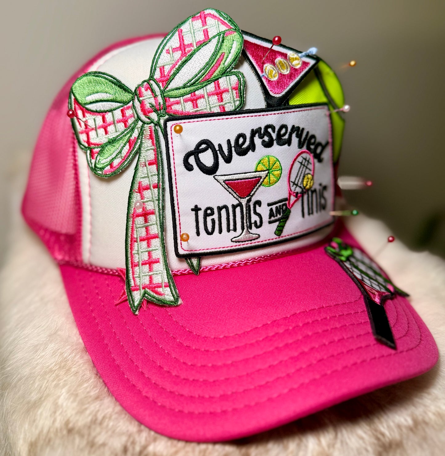 Overserved Tennis & Tinis Trucker Hat | Pink Preppy Tennis Hat | Tennis Inspired Glam Cap