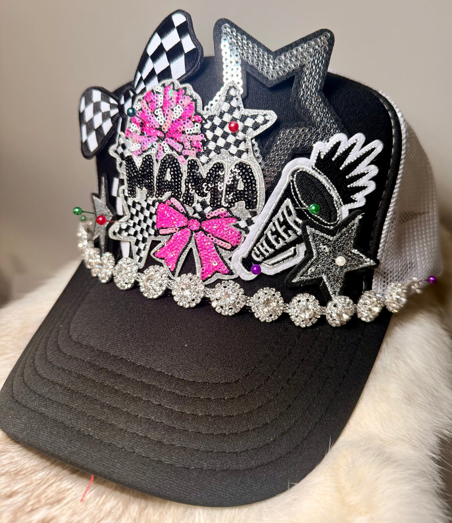 Mama Cheer Trucker Hat | Cheer Mom Game Day Hat | Black & Pink Sequin Cheer Hat | Competition Cheer Gift