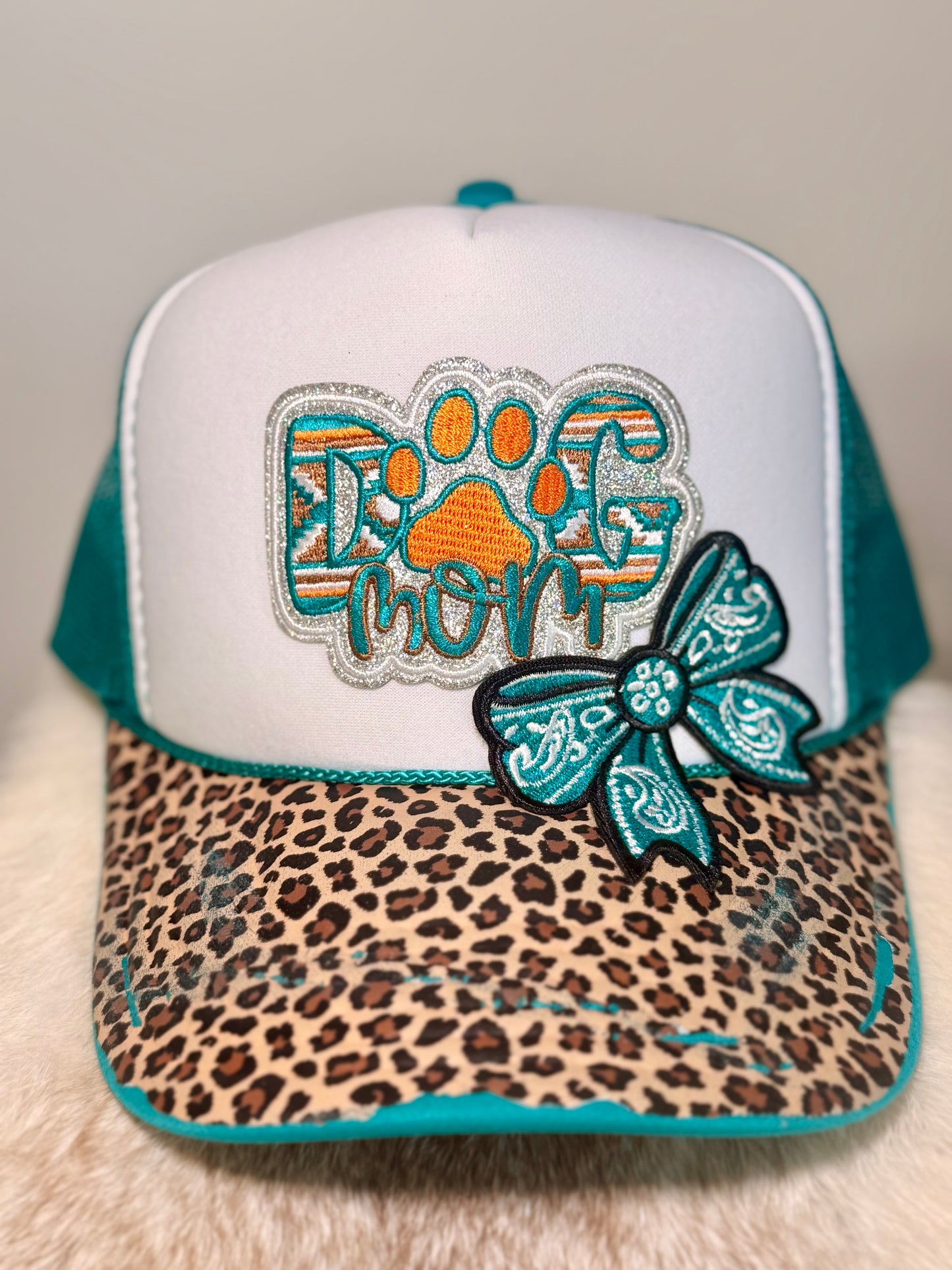 Dog Mom Trucker Hat | Leopard Print Dog Lover Hat | Teal Boutique Snapback with Bow