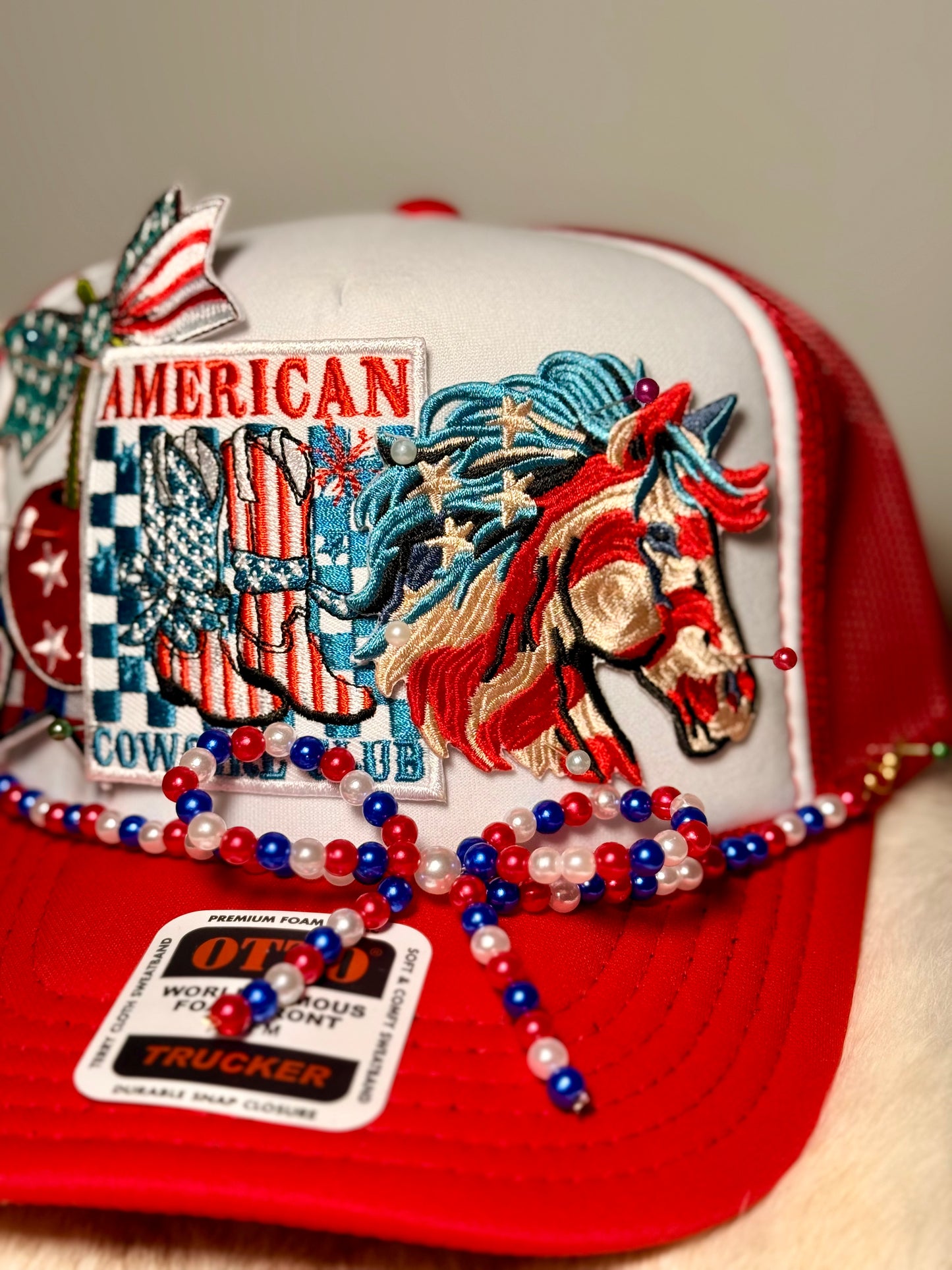 American Cowgirl Trucker Hat | Patriotic Western Hat | Red White Blue Rodeo Glam Snapback