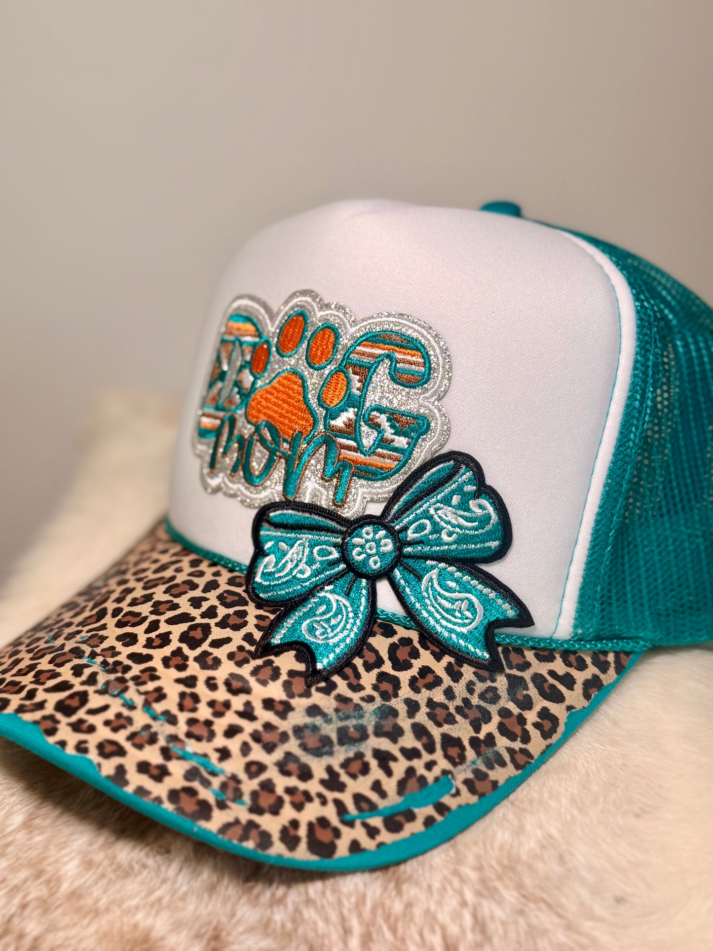 Dog Mom Trucker Hat | Leopard Print Dog Lover Hat | Teal Boutique Snapback with Bow
