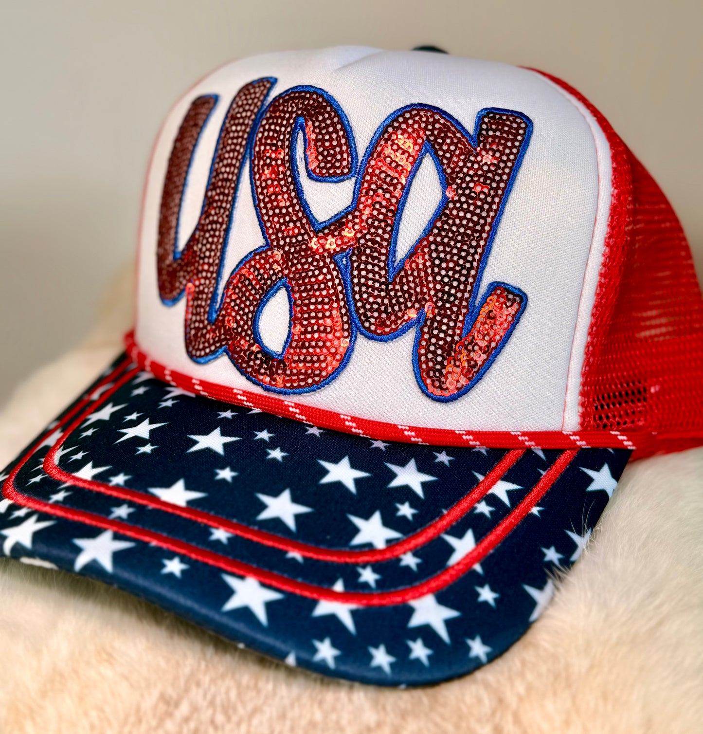 Rhinestone USA Trucker Hat | Patriotic Sparkle Hat | Red White Blue Boutique Snapback | Fourth of July Glam Hat