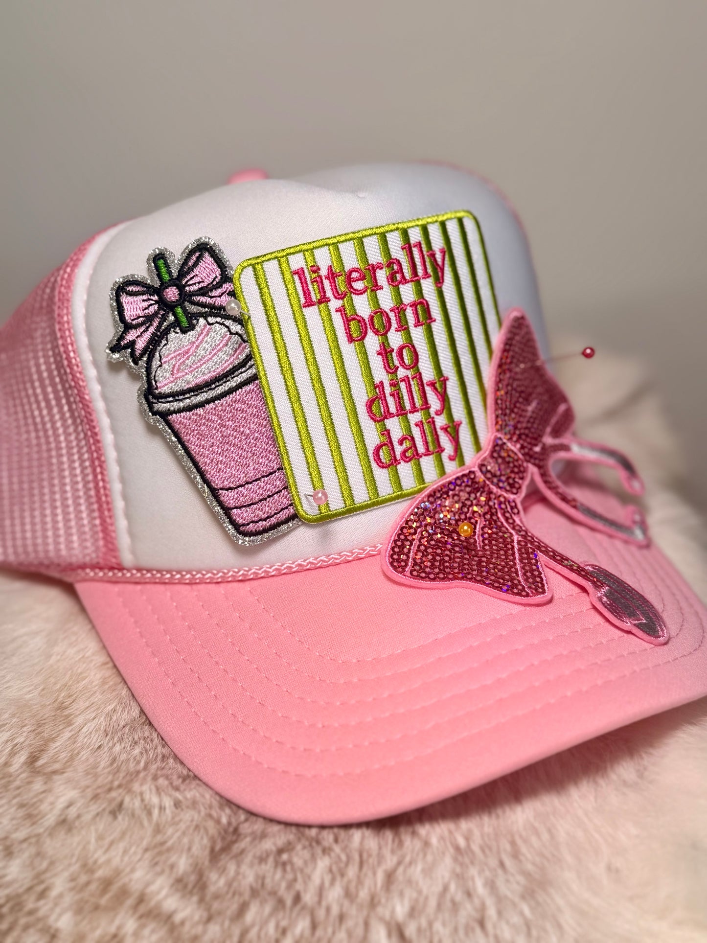 Literally Born to Dilly Dally Nurse Trucker Hat | Pink Stethoscope Bow Coffee Hat | Cute Healthcare Gift