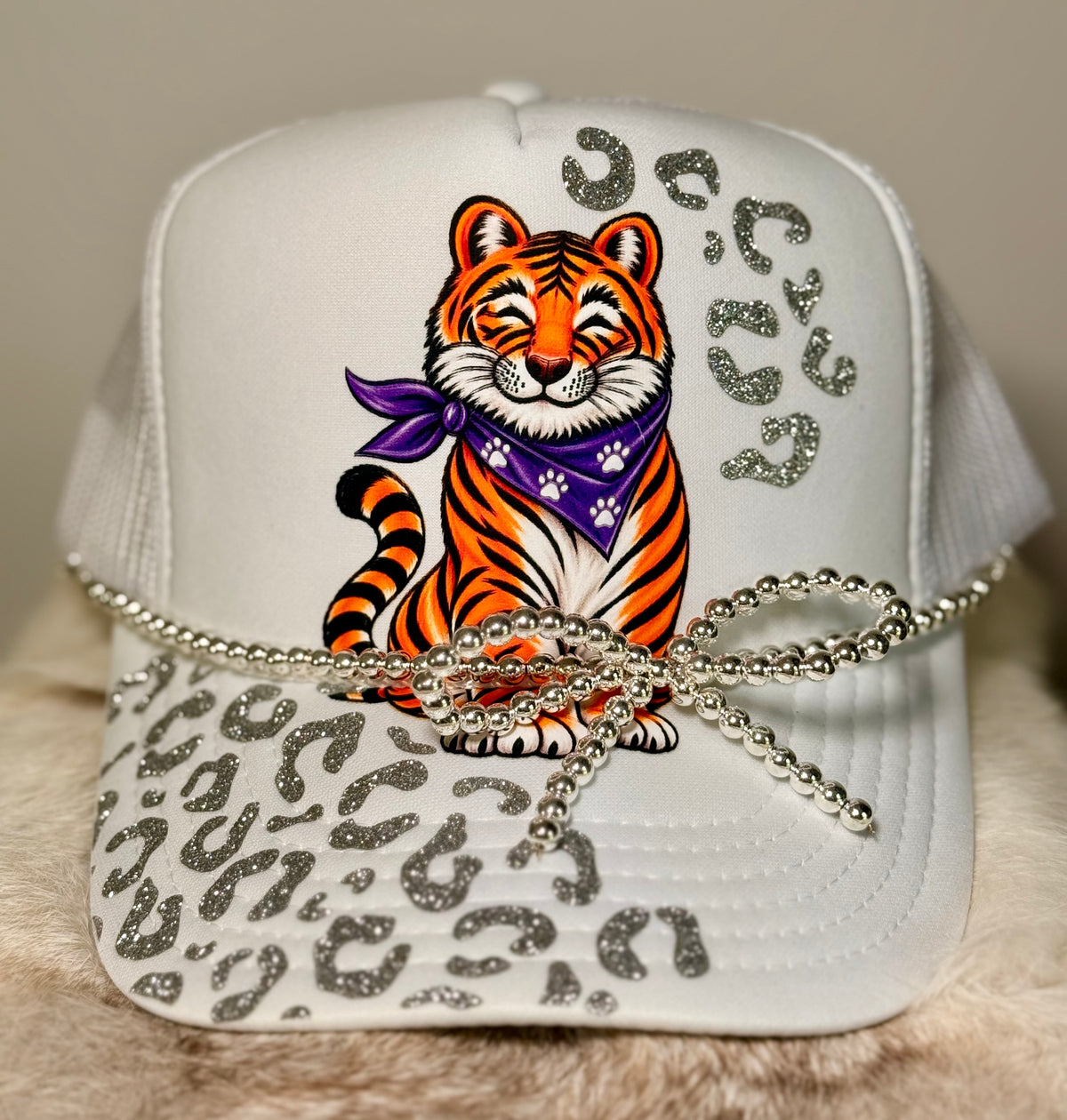 Tiger Trucker Hat | Purple Orange Tiger Hat | Silver Leopard Trucker Hat | Game Day Tiger Hat