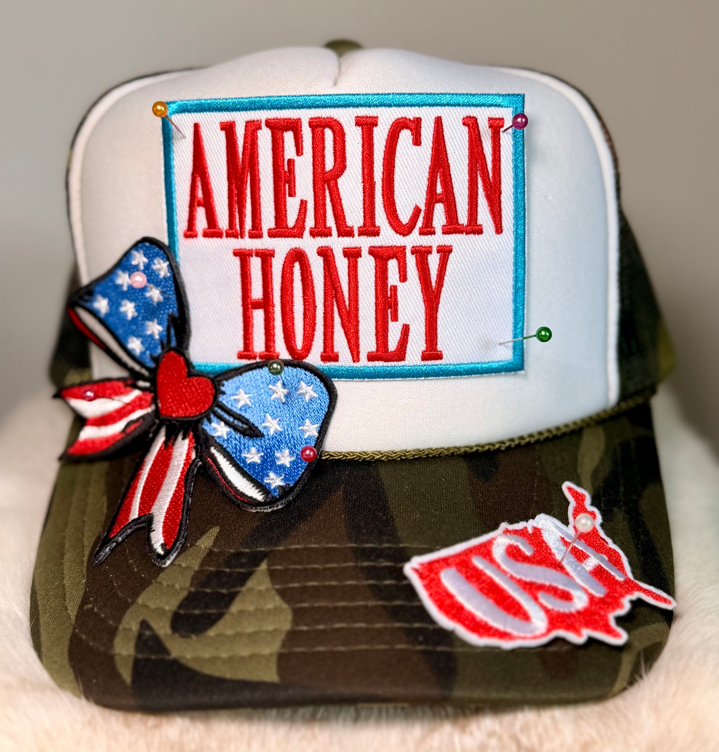 American Honey Patriotic Trucker Hat | USA Bow Hat | Camo Brim Fourth of July Boutique Hat | Red White Blue Snapback