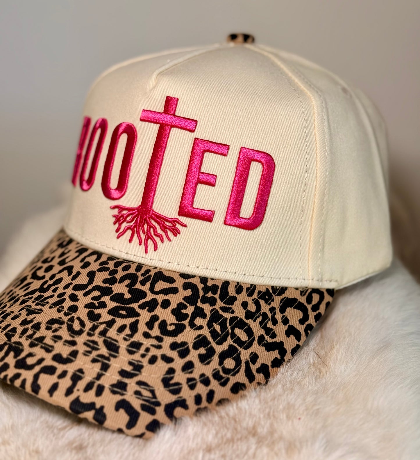 Rooted Leopard Trucker Hat | Faith Based Christian Hat | Pink Embroidered Boutique Snapback