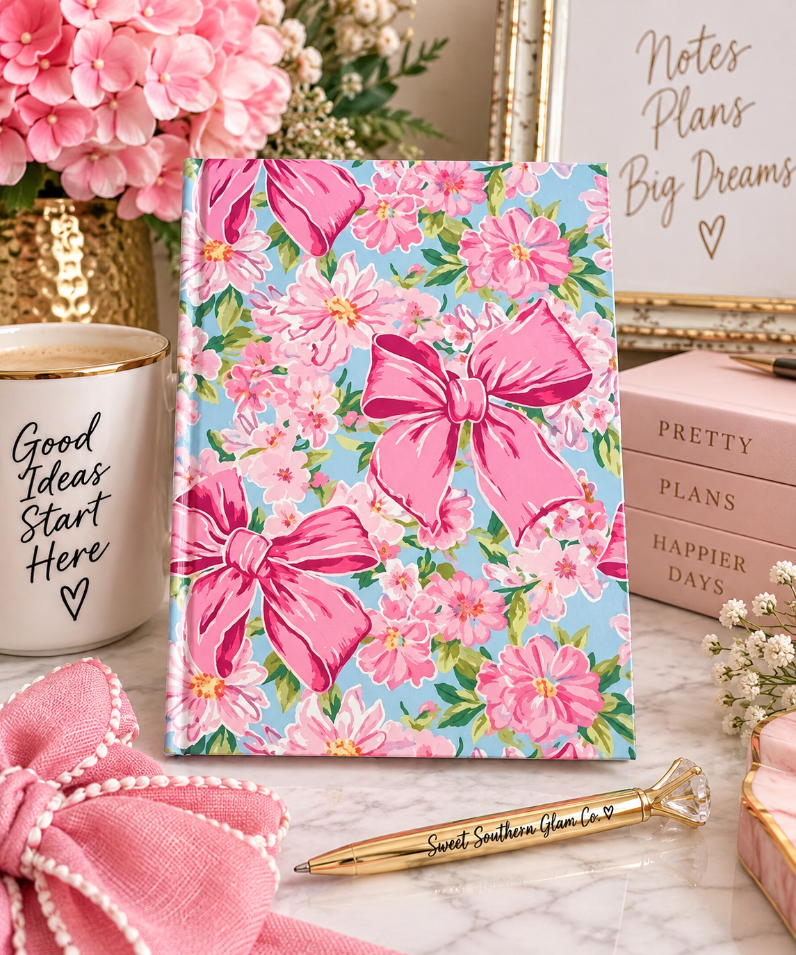 Pink Bow & Floral Hardcover Journal | Lined Notebook