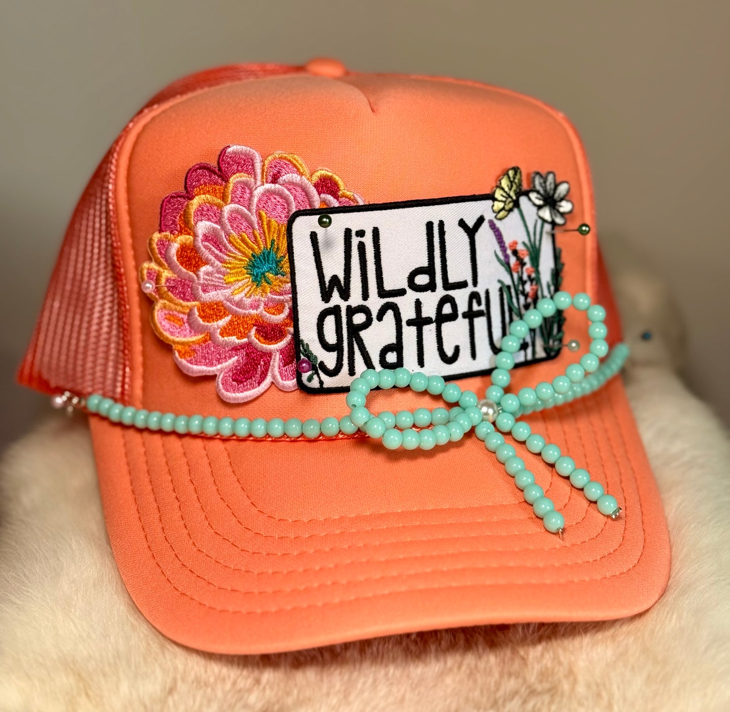 Wildly Grateful Trucker Hat, Inspirational Hat, Faith Based Hat, Floral Patch Hat, Cute Boutique Hat, Positive Quote Hat, Christian Gift for Her