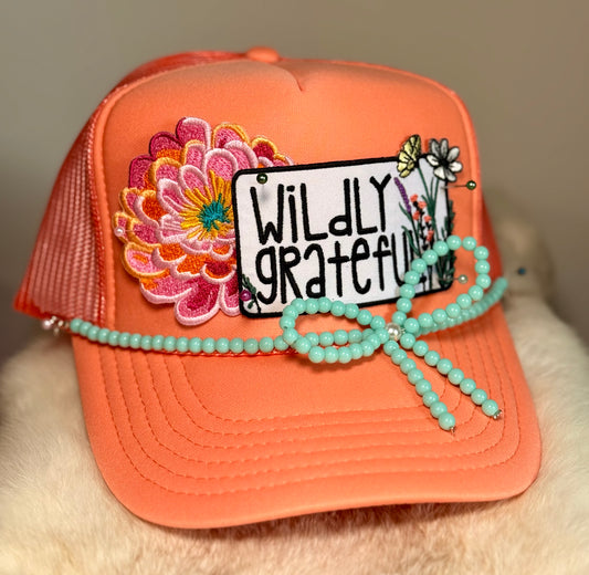 Wildly Grateful Trucker Hat, Inspirational Hat, Faith Based Hat, Floral Patch Hat, Cute Boutique Hat, Positive Quote Hat, Christian Gift for Her