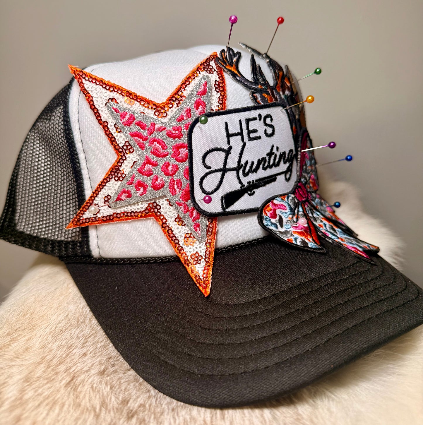 He’s Hunting Trucker Hat | Hunting Wife Hat | Deer Hunting Hat | Camo Bow Trucker Hat | Hunter’s Girlfriend Gift