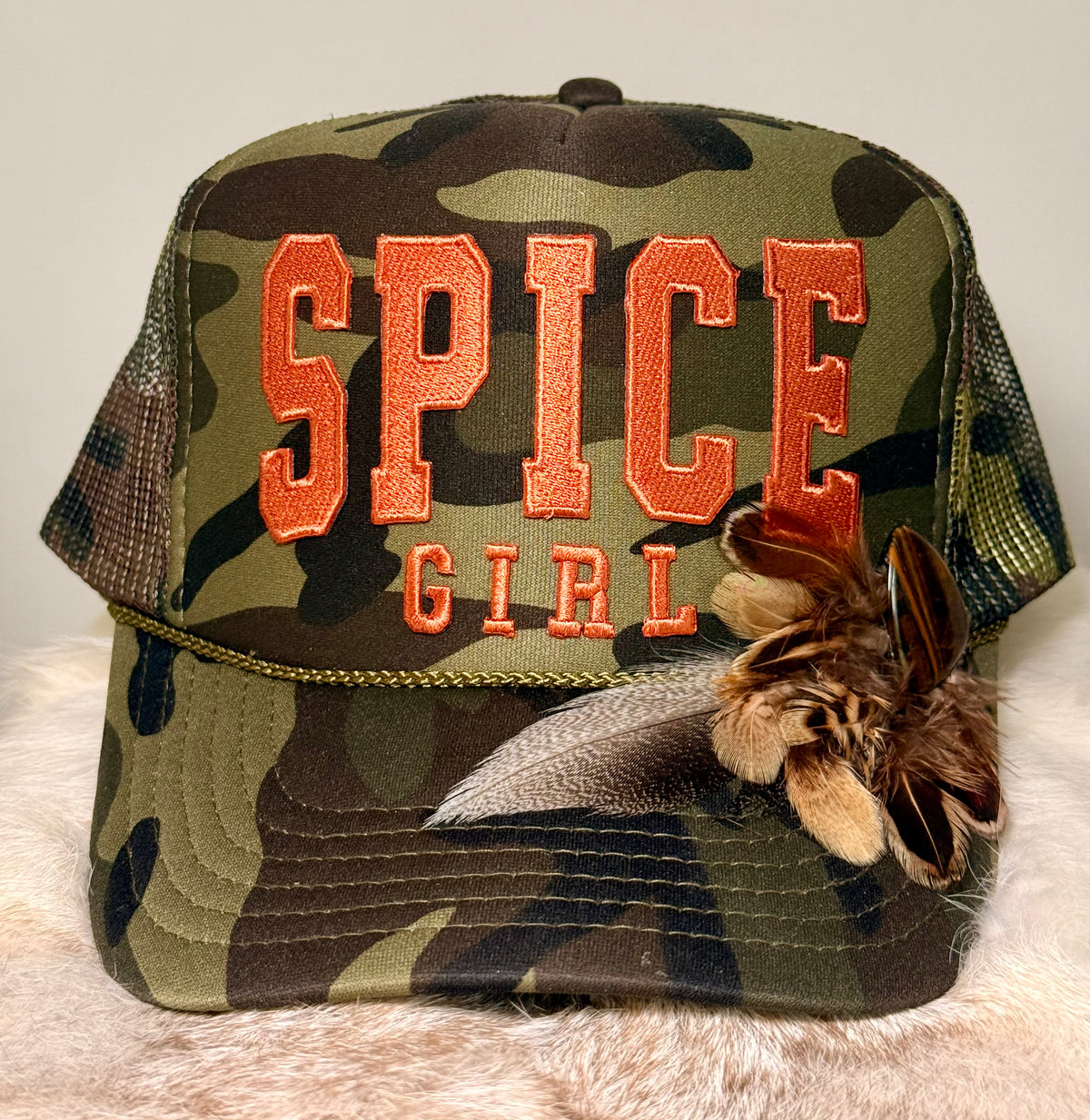 Spice Girl Fall Trucker Hat | Camo Feather Hat with Guitar Pick | Autumn Country Trucker Hat | Western Fall Hat