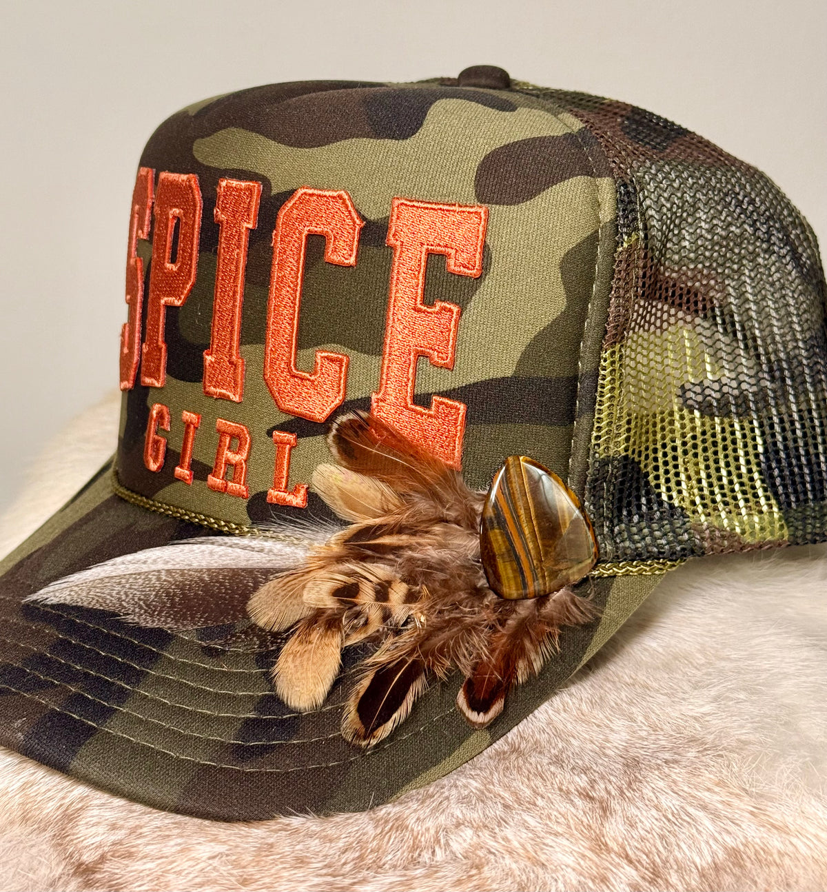 Spice Girl Fall Trucker Hat | Camo Feather Hat with Guitar Pick | Autumn Country Trucker Hat | Western Fall Hat
