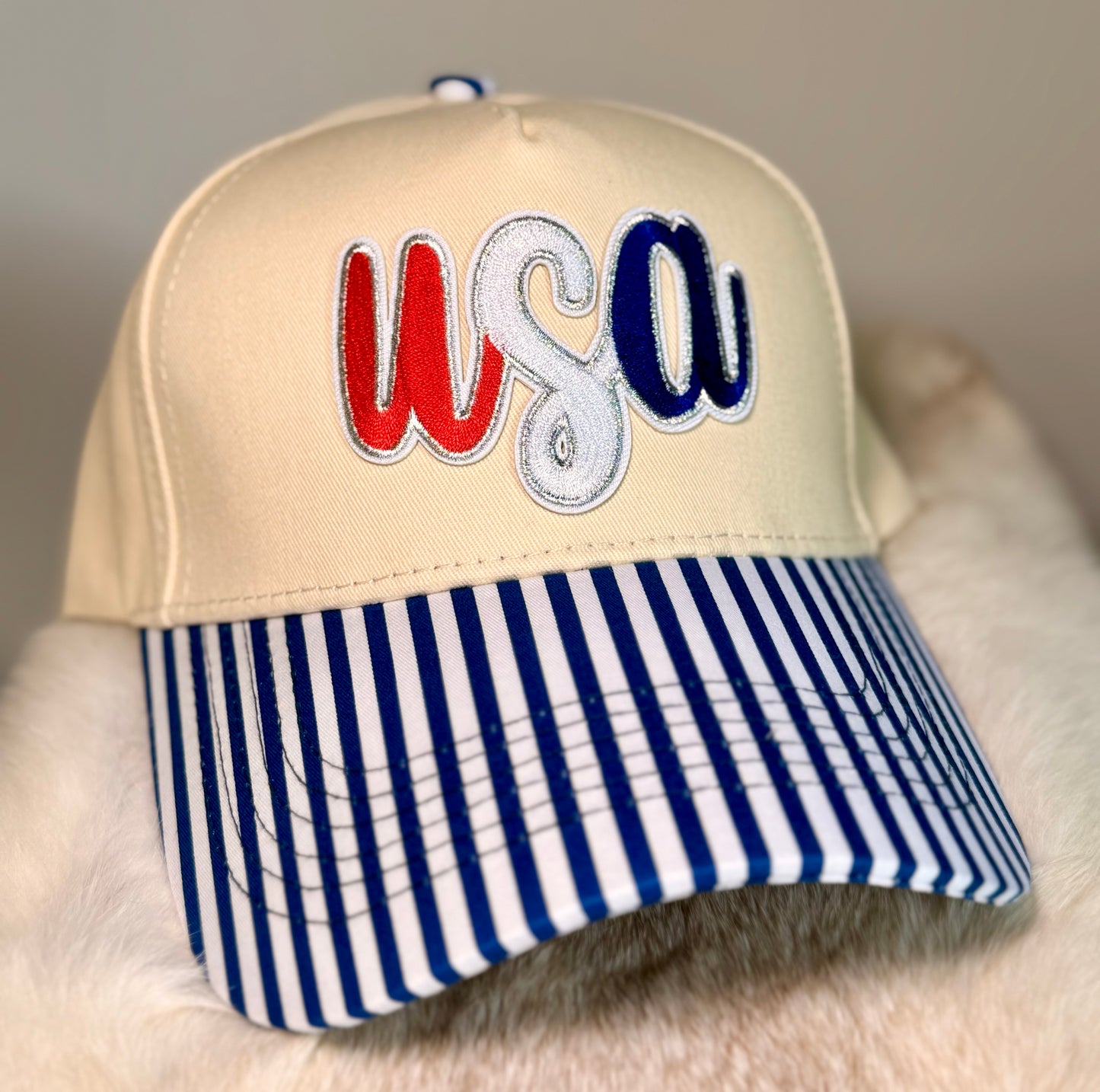 USA Trucker Hat | Patriotic Red White Blue Boutique Hat | American Stripe Brim | Fourth of July Hat
