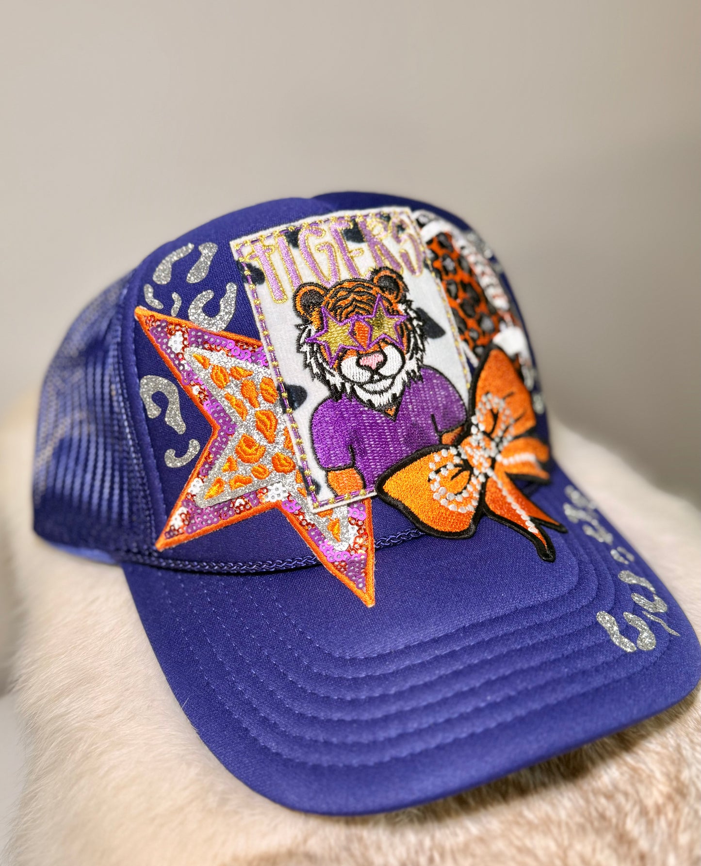 Tiger Game Day Trucker Hat | Purple & Orange Football Hat | Bling Tiger Fan Hat | Handmade Game Day Cap