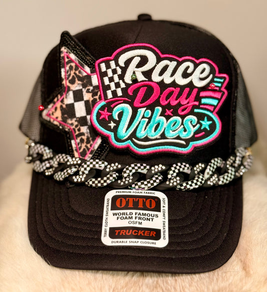 Race Day Vibes Trucker Hat | Checkered Flag Racing Hat | Glam Foam Race Day Cap