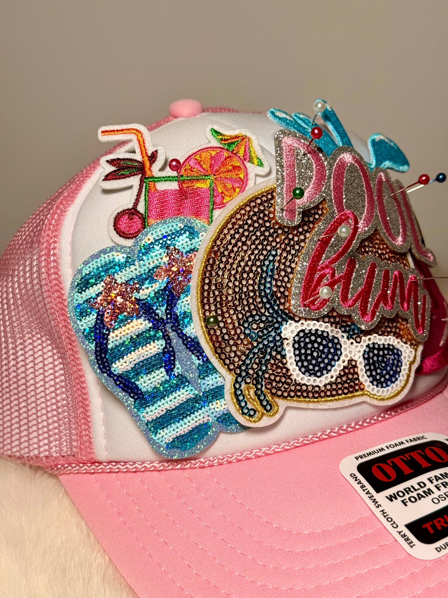 Pool Bum Glam Trucker Hat | Pink Flamingo Poolside Hat | Sparkly Summer Vacation Snapback