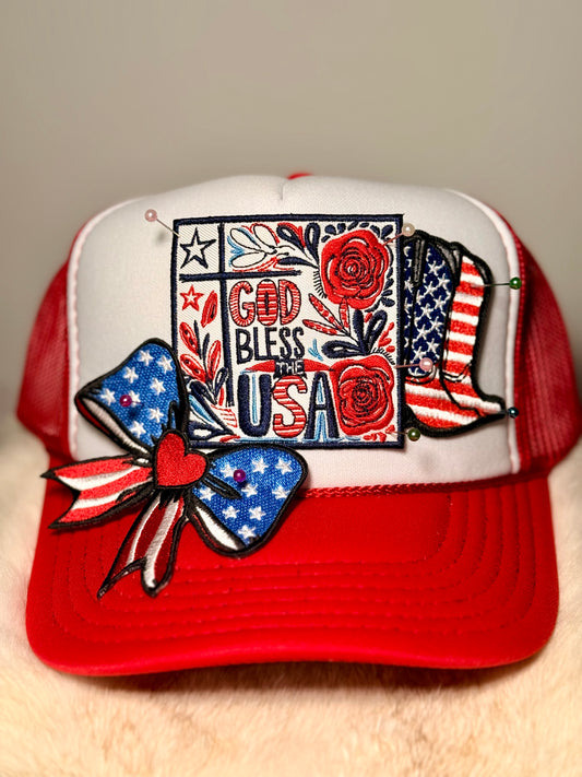 God Bless the USA Trucker Hat | Patriotic Faith Hat | Red White Blue Western Snapback