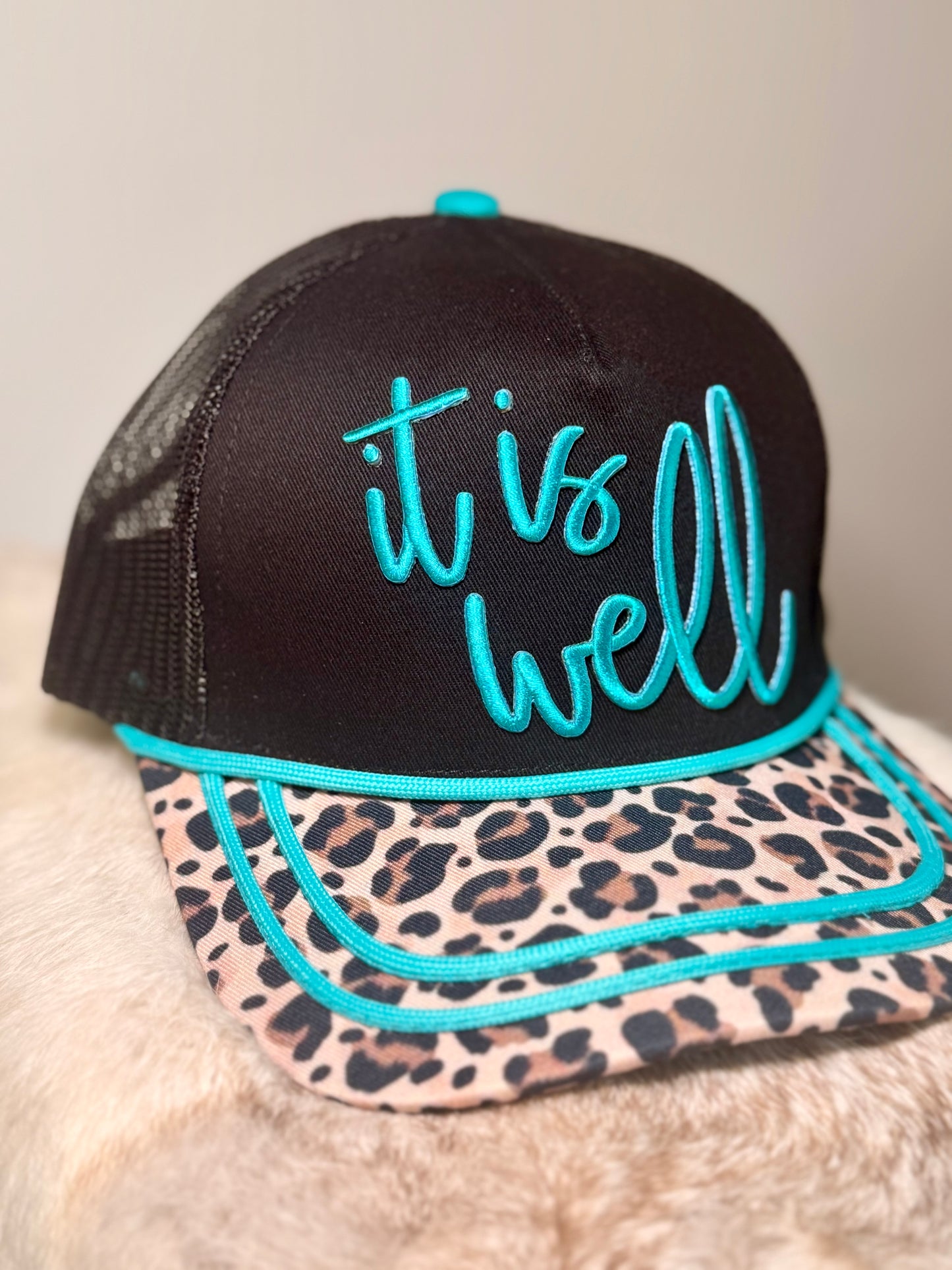 It Is Well Trucker Hat | Leopard Print Christian Hat | Faith-Based Boutique Snapback for Women