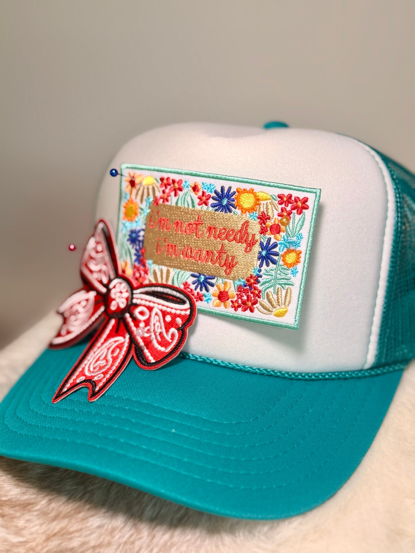 I’m Not Needy I’m Wanty Trucker Hat | Teal Floral Trucker Hat with Red Bandana Bow | Funny Boutique Hat
