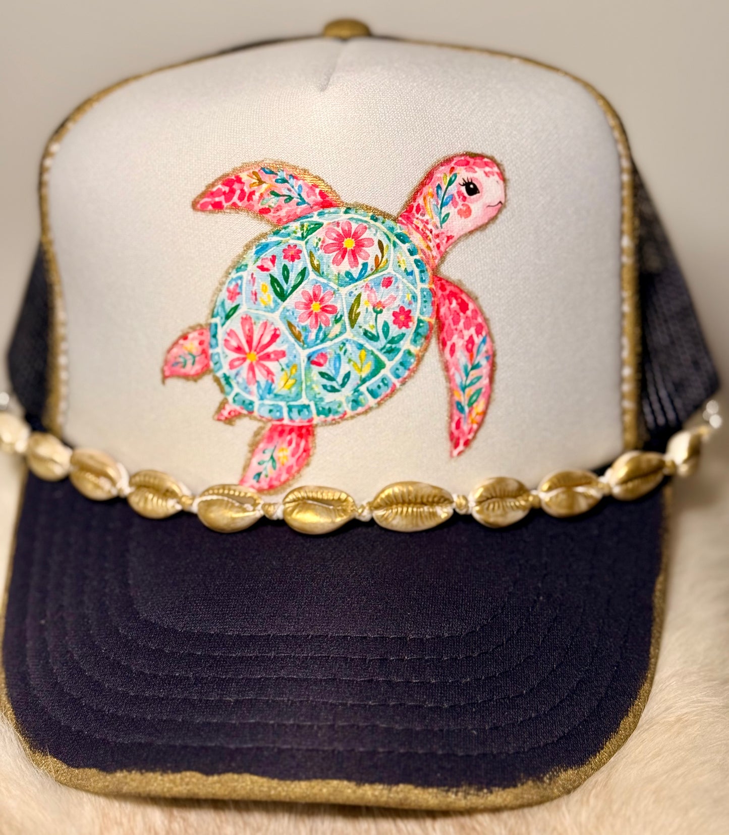 Gold Painted Coastal Sea Turtle Trucker Hat | Floral Turtle Beach Hat | Boutique Shell Trim Snapback