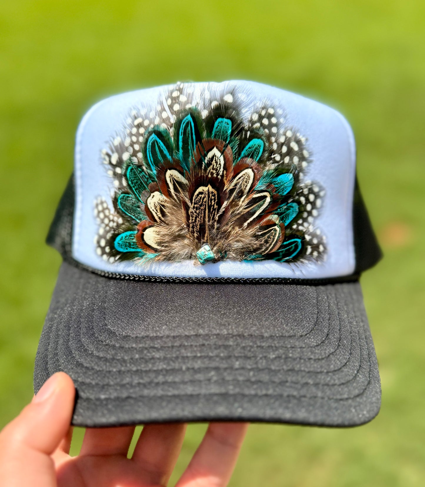 Turquoise Feather Trucker Hat | Western Feather Hat | Boho Cowgirl Hat | Statement Trucker Cap