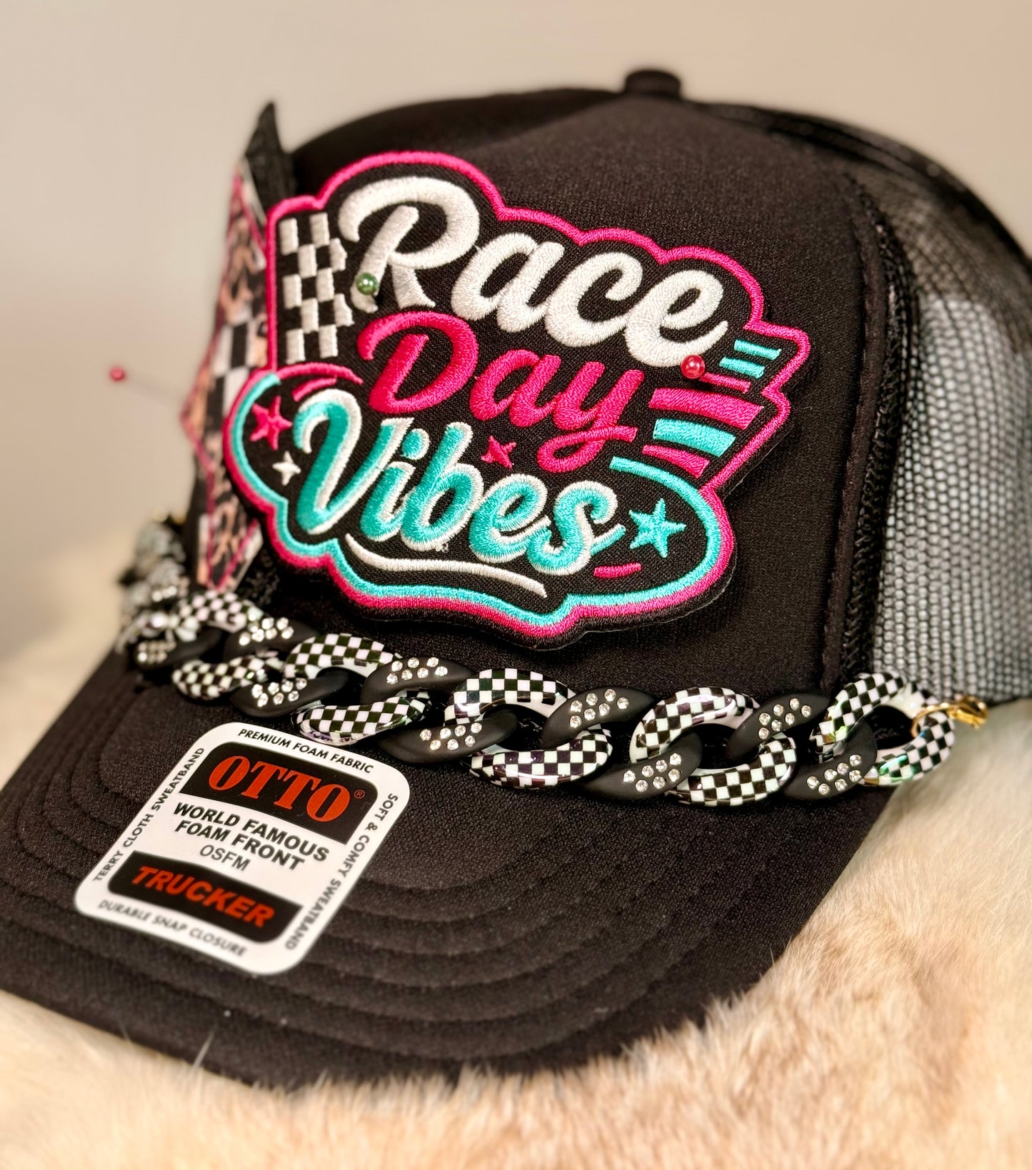 Race Day Vibes Trucker Hat | Checkered Flag Racing Hat | Glam Foam Race Day Cap