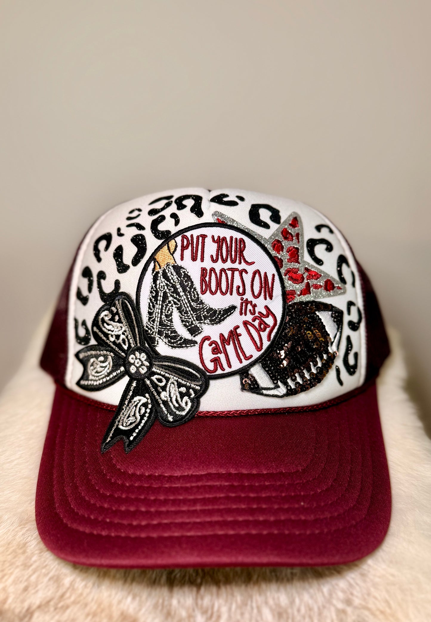 Western Football Game Day Trucker Hat | Cowboy Boots Game Day Hat | Burgundy Football Hat | Handmade Tailgate Cap