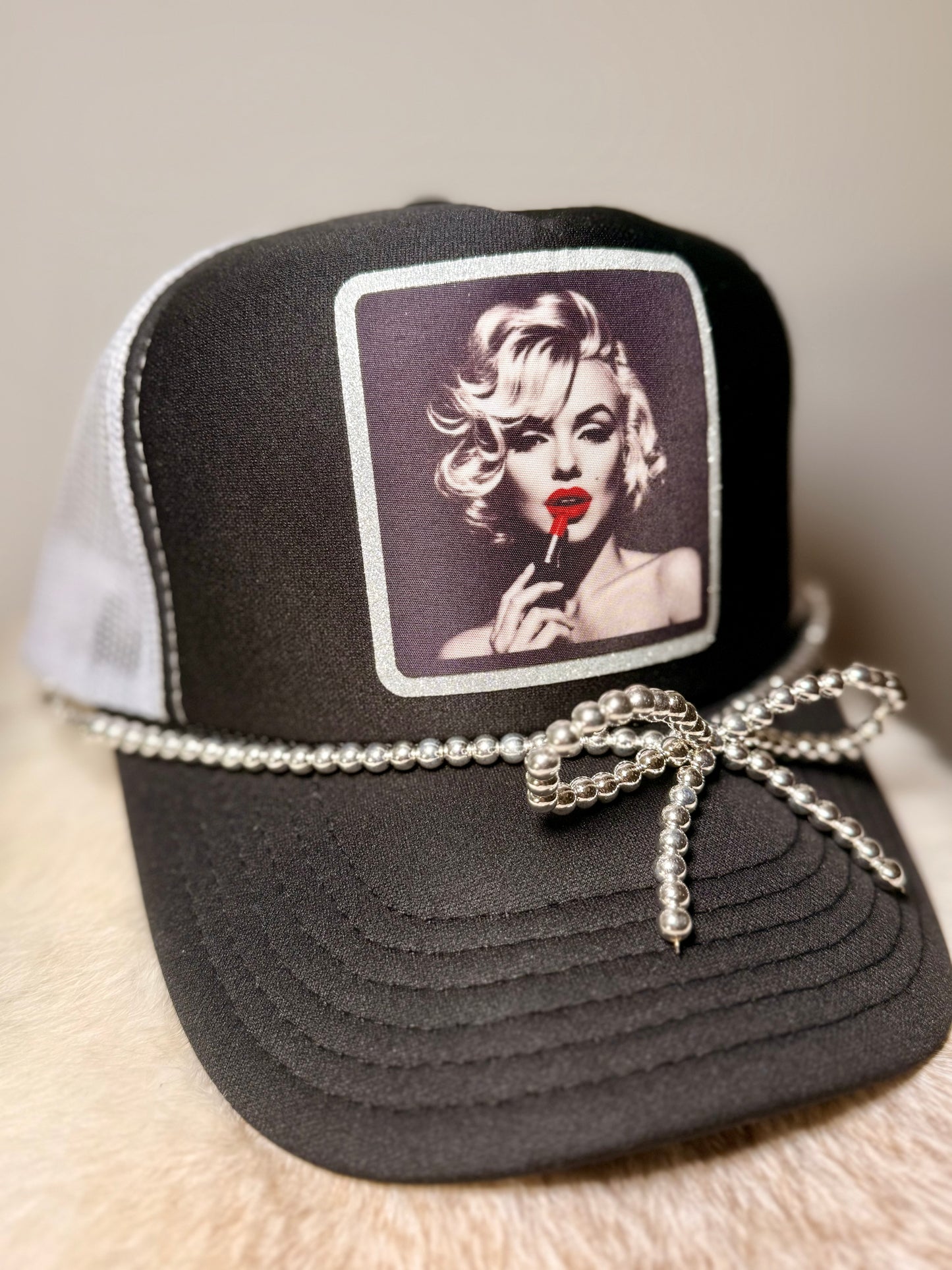 Vintage Glam Trucker Hat | Blonde Bombshell Lipstick Hat | Black & White Glam Hat | Silver Beaded Bow Trucker