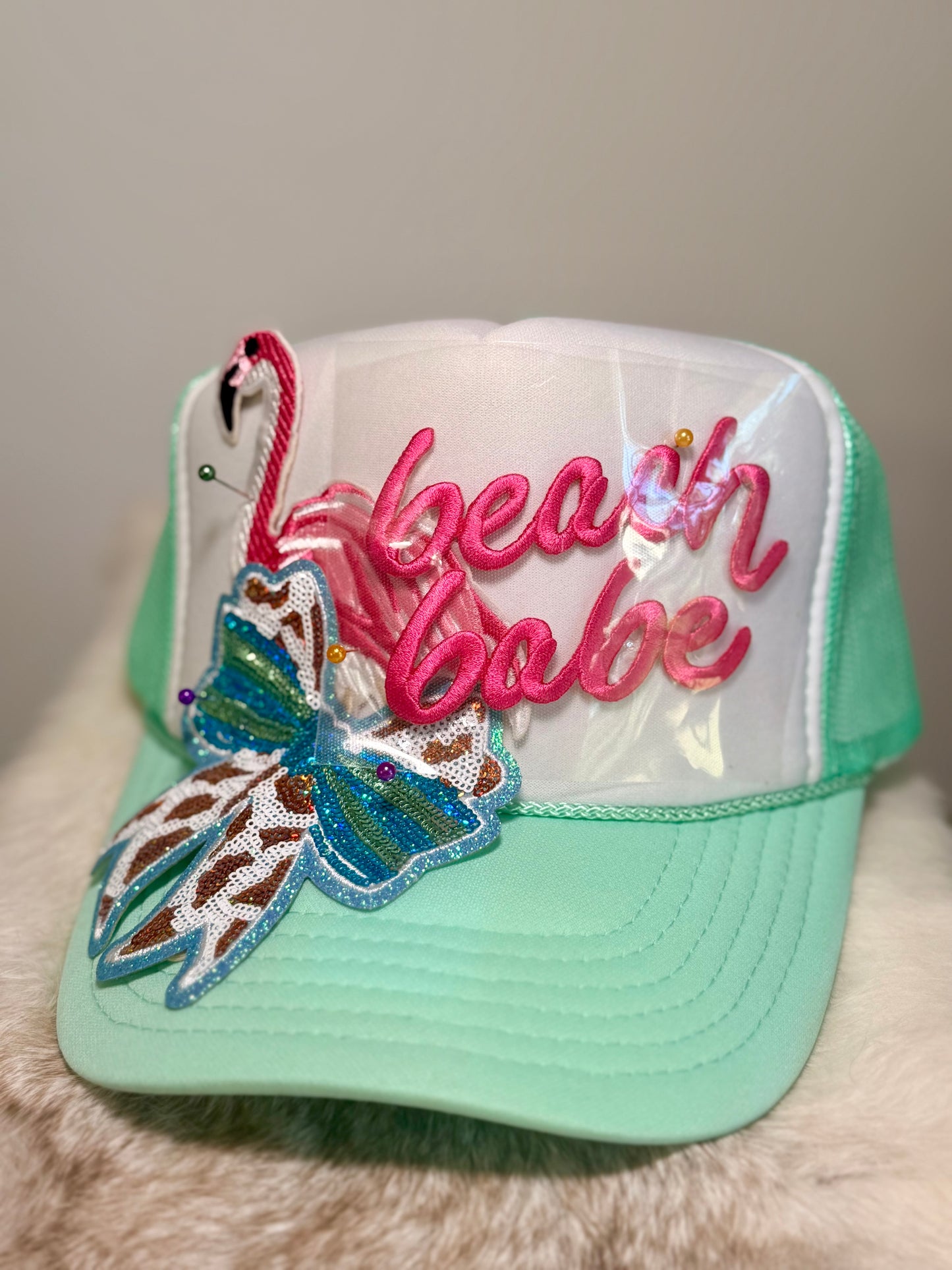 Beach Babe Trucker Hat | Tropical Flamingo Beach Hat | Mint Coastal Boutique Hat