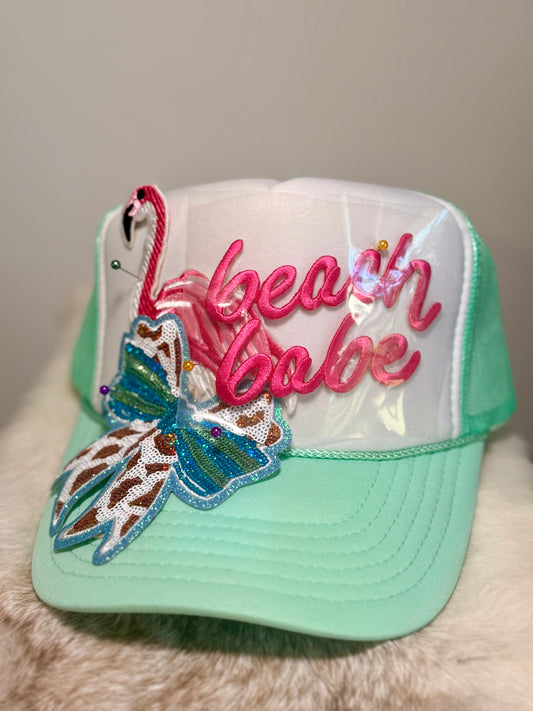 Beach Babe Trucker Hat | Tropical Flamingo Beach Hat | Mint Coastal Boutique Hat