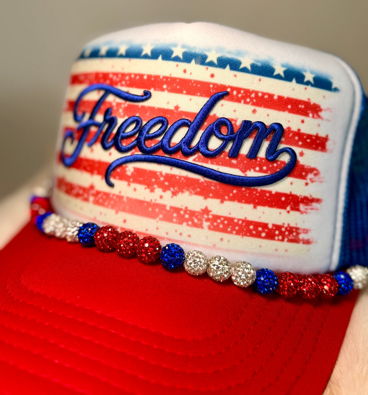 Freedom Patriotic Trucker Hat | Red White Blue Rhinestone Beaded Hat | American Boutique Snapback | Fourth of July Hat