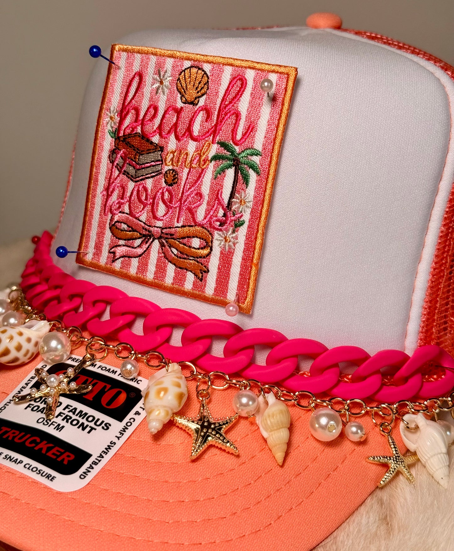 Beach and Books Trucker Hat | Coastal Reader Beach Hat | Pink & Coral Summer Foam Trucker Cap