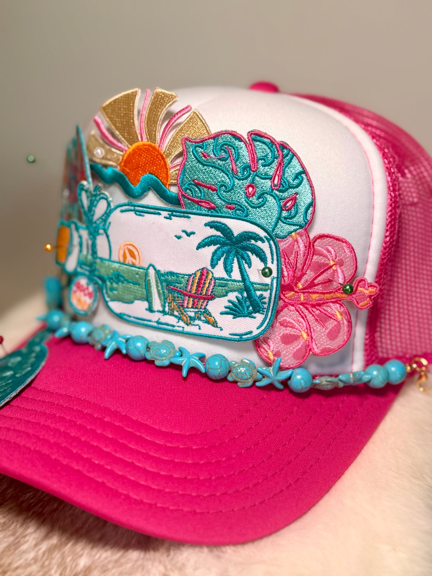 Beach Life Trucker Hat | Tropical Vacation Hat | Handmade Coastal Boutique Hat with Turquoise Beaded Trim