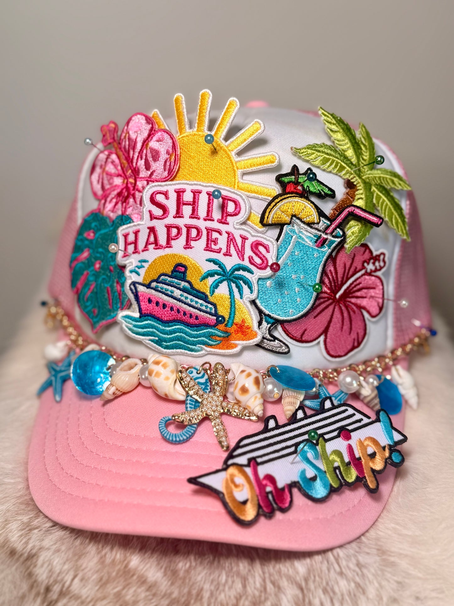 Oh Ship Cruise Trucker Hat | Cruise Vacation Hat | Tropical Beach Hat with Seashell Beaded Trim