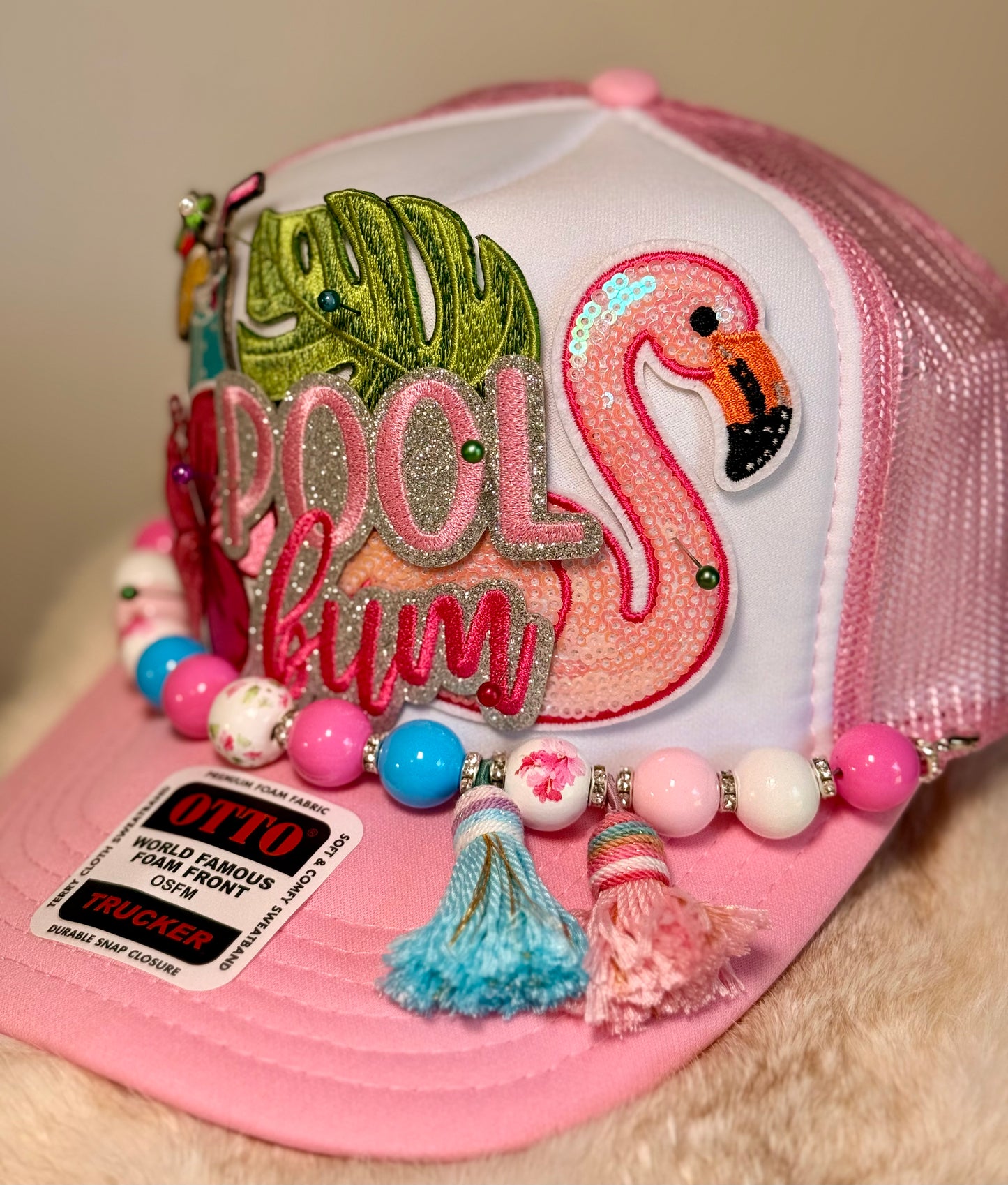 Pool Bum Flamingo Trucker Hat | Pink Tropical Beach Hat | Summer Glam Foam Trucker Cap