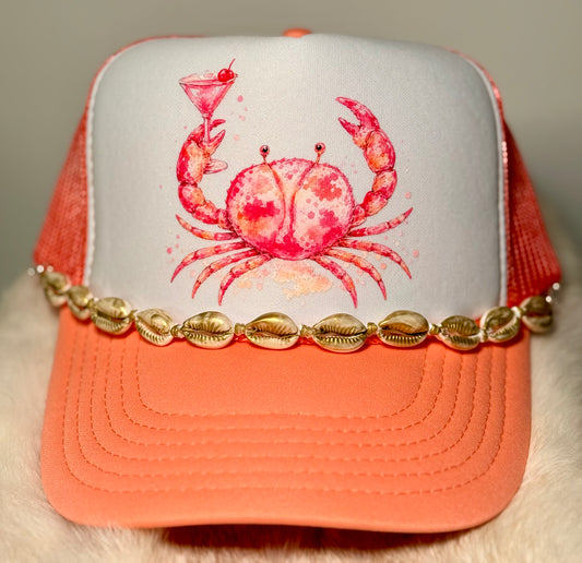 Pink Coastal Crab Trucker Hat | Beach Cocktail Hat with Gold Shell Detail | Boutique Summer Snapback