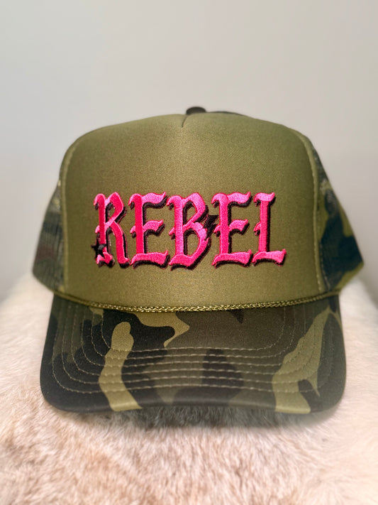 Rebel Camo Trucker Hat | Pink Embroidered Rebel Hat | Trendy Western Boutique Snapback