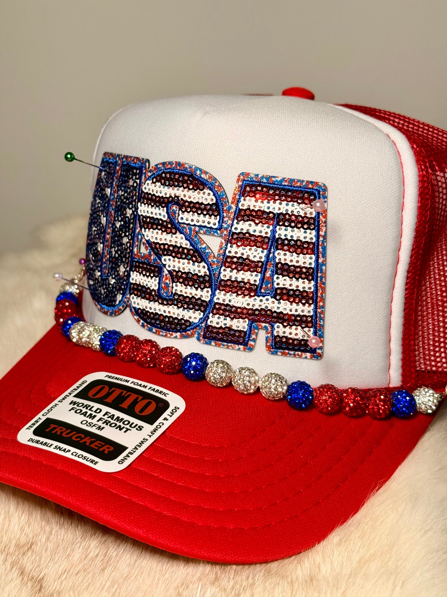 USA Sequin Trucker Hat | Patriotic Sparkle Hat | Red White Blue Glam Snapback